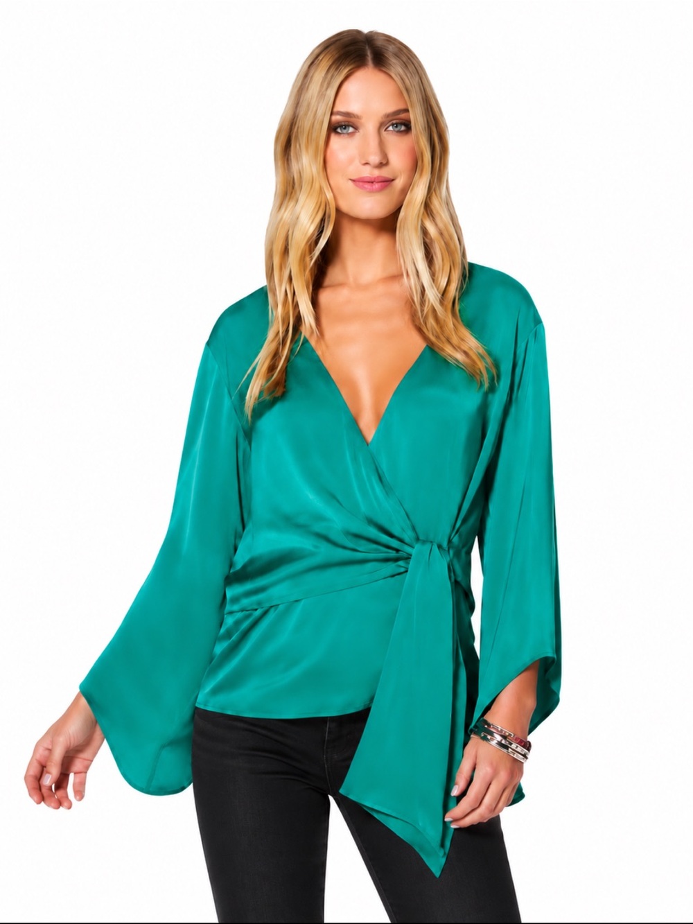Ramy Brook Cassandra Teal Satin Tie Waist Bell Sleeve Blouse Size XS/Petite EUC!